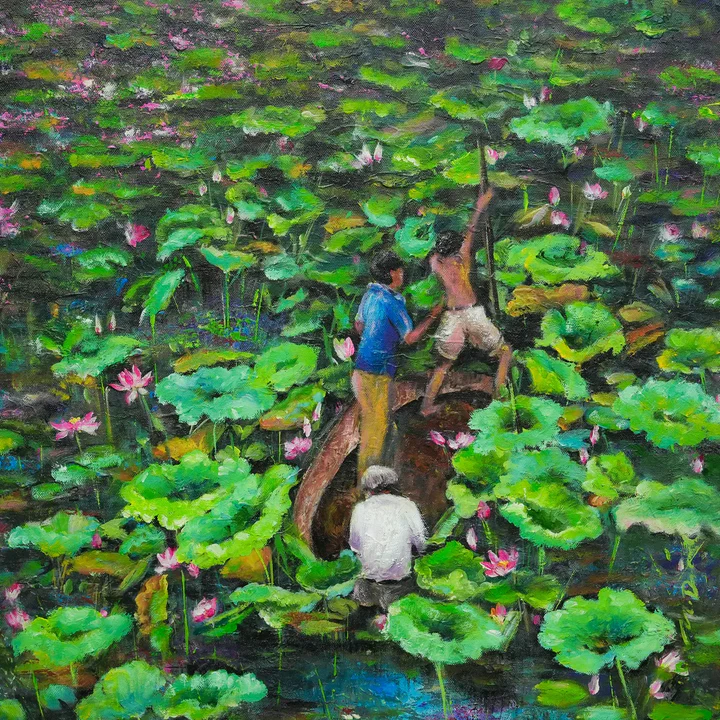 Fishing In Lotus Pond Handmade Painting